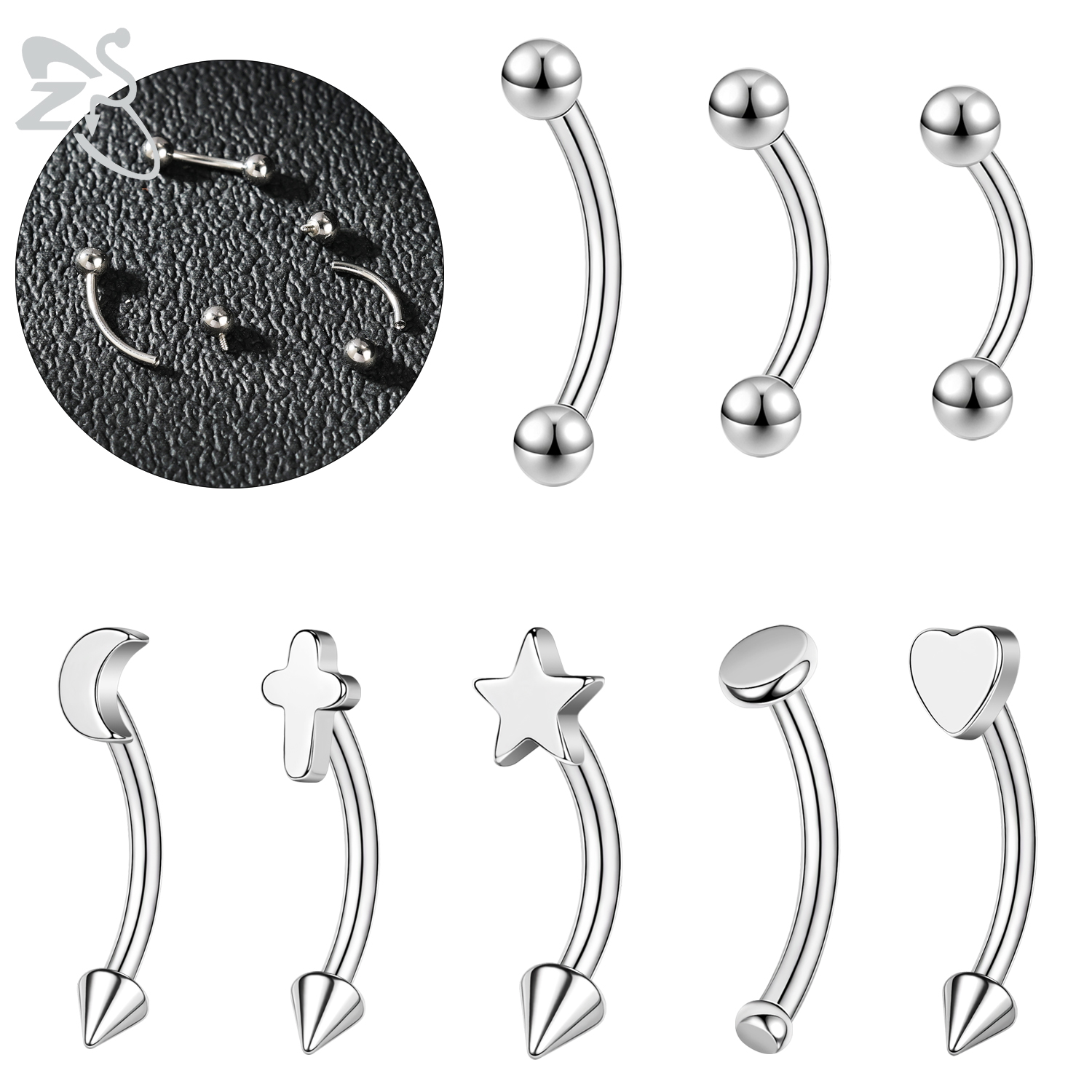 Eyebrow Curved Barbell - ZS 1PC 16G/18G Star Heart Cross